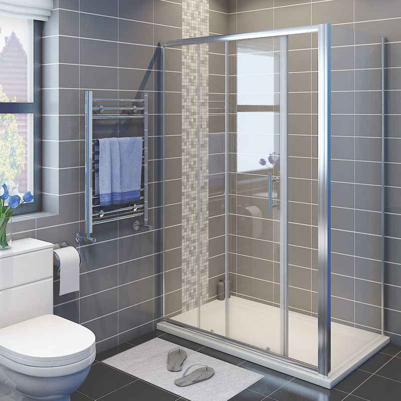 1000 x 760 mm Sliding Shower Enclosure 6mm Glass Reversible Cubicle Door Screen Panel with Shower Tray and Waste + Side Panel - Elegant