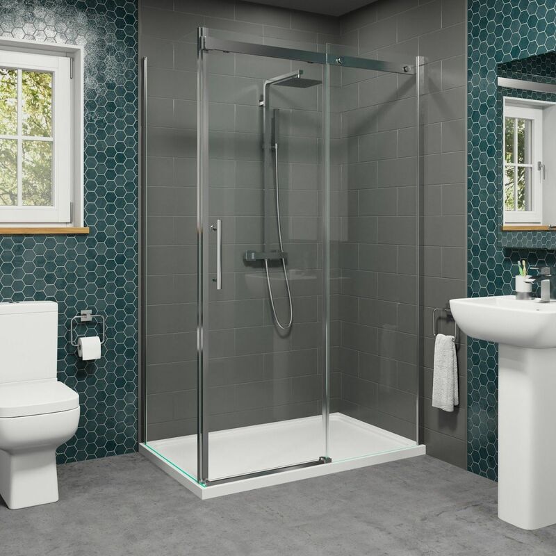 1000 x 760mm Sliding Shower Enclosure Door Side Panel 8mm Frameless Tray Waste - Clear