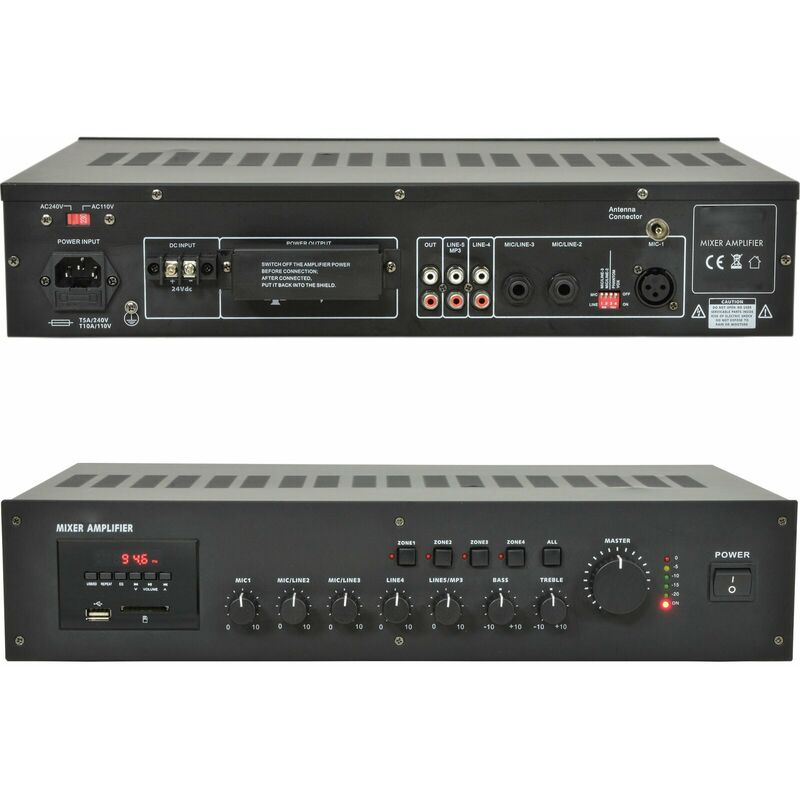 100V 240W 4 Zone Mixer Amplifier 8Ohm Speaker Splitter Rack Mount usb fm Tuner