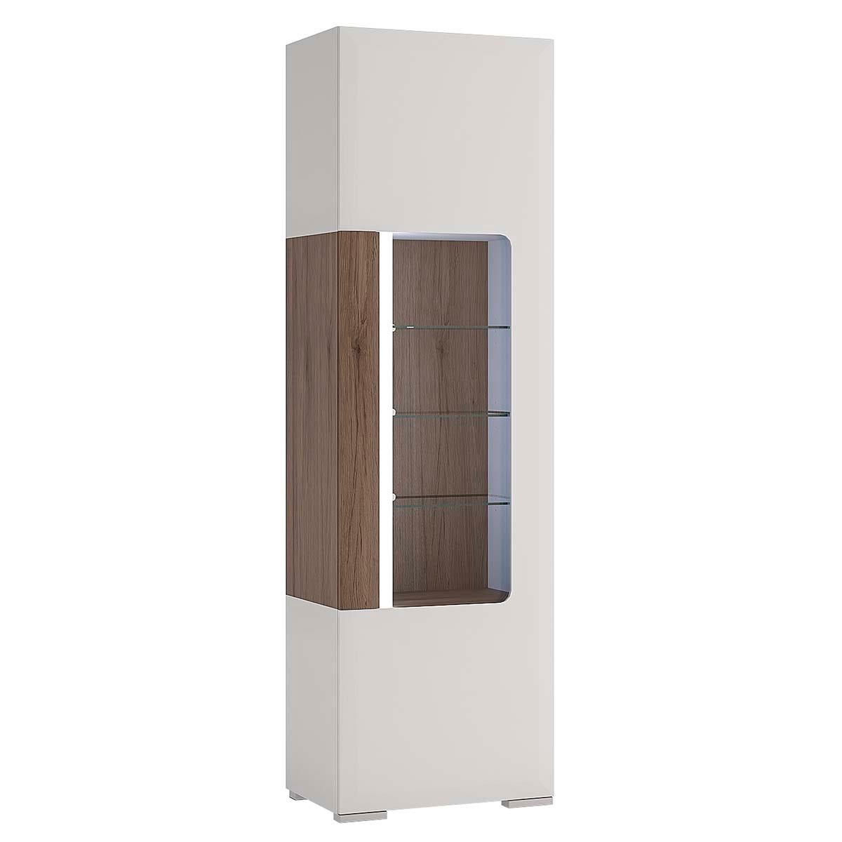 Toronto Tall narrow glazed display cabinet with internal shelves (inc. Plexi Lighting) In White and Oak, none