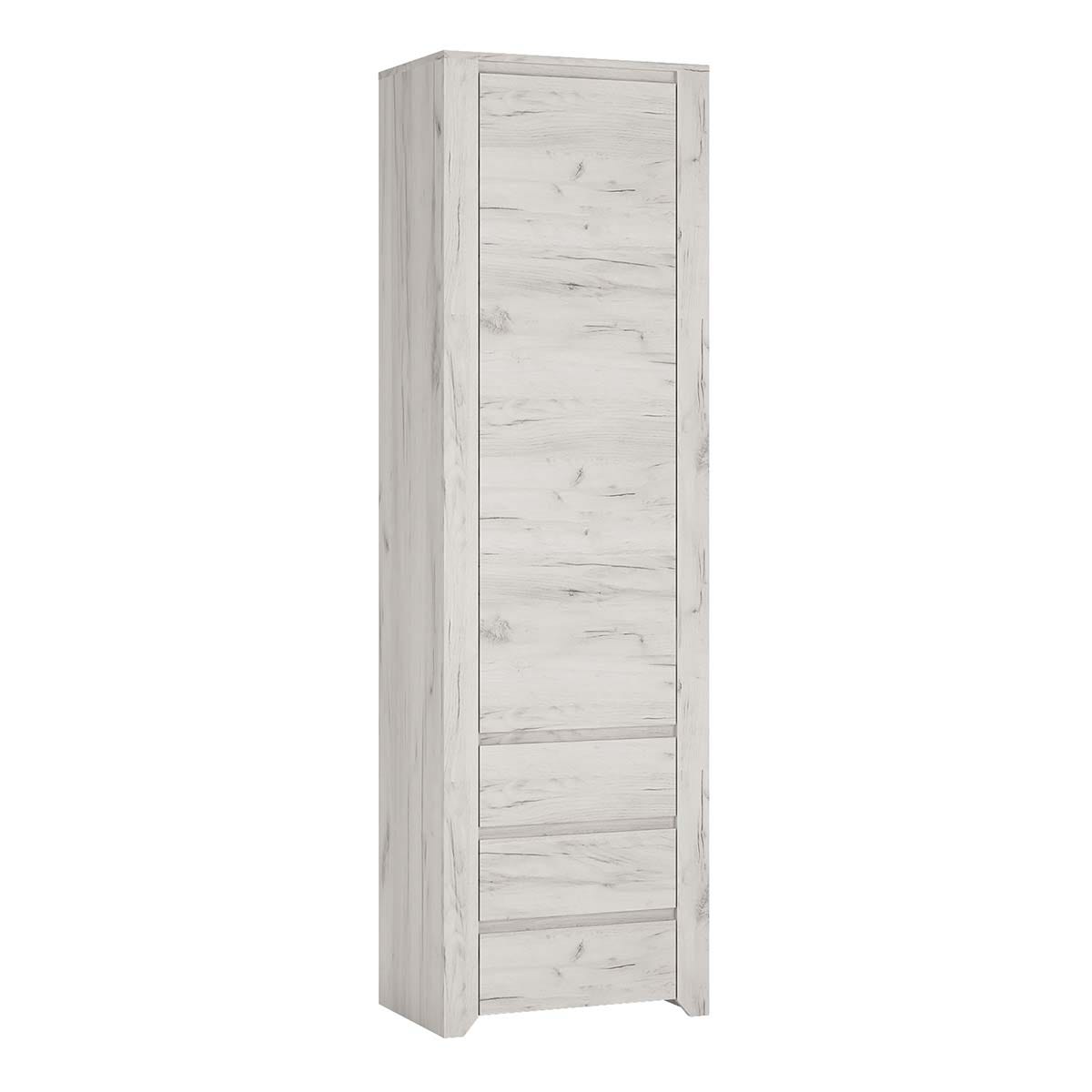 Angel Tall Narrow One Door 3 Drawer Narrow Cupboard in White Craft Oak, none