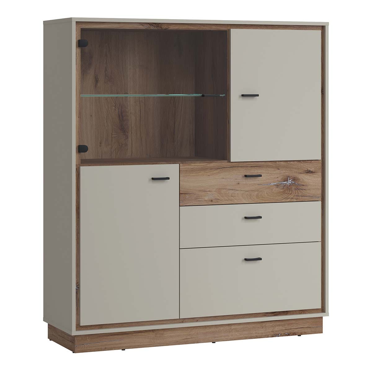 Rivero 3 Door 3 Drawer Low Display Cabinet in Grey and Oak, none
