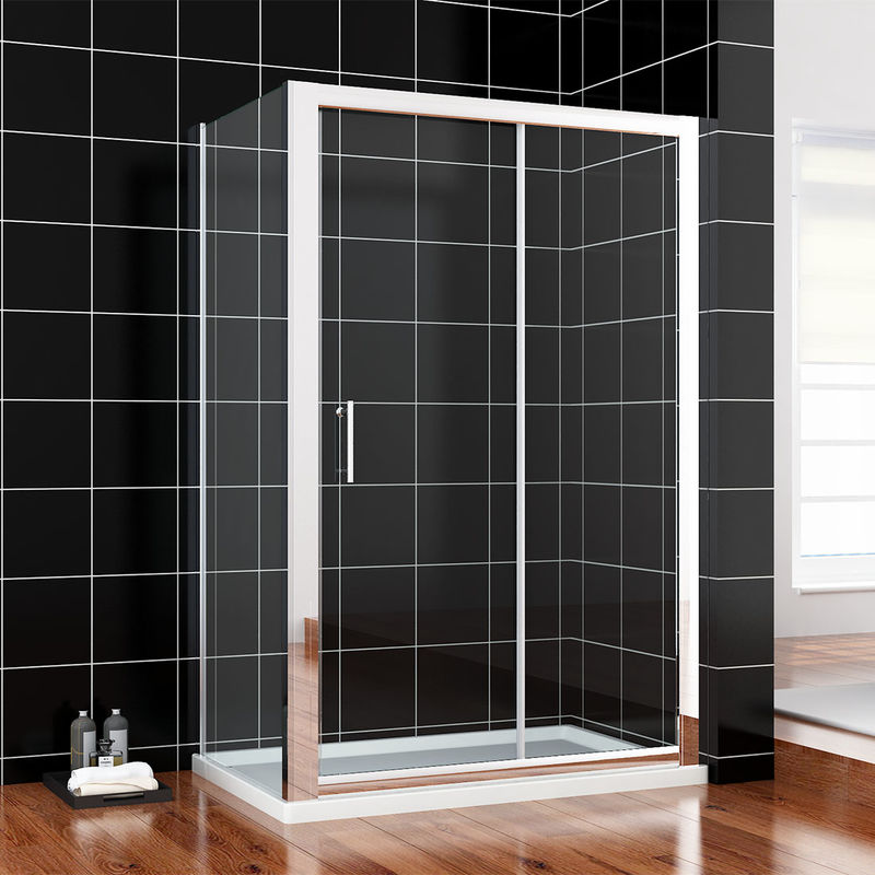 1100 x 700 mm Sliding Shower Enclosure 6mm Glass Reversible Cubicle Door Screen Panel with Shower Tray and Waste + Side Panel - Elegant