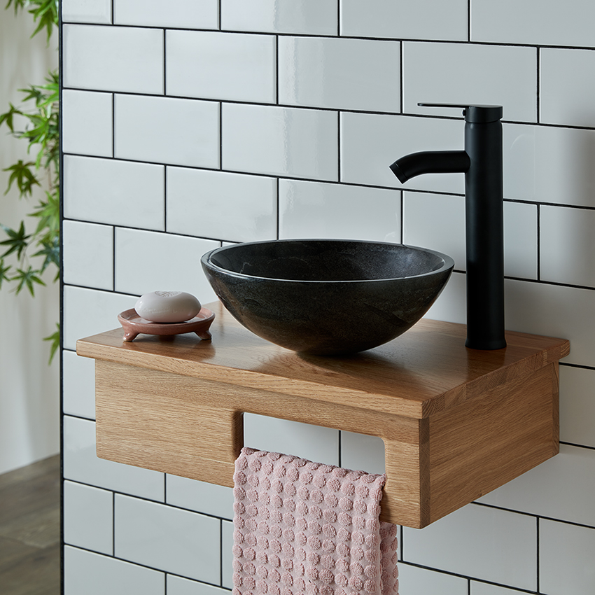 Oak Shelf with Integrated Towel Holder plus 31cm Round Black Stone Basin incl Tap and Waste EMBE
