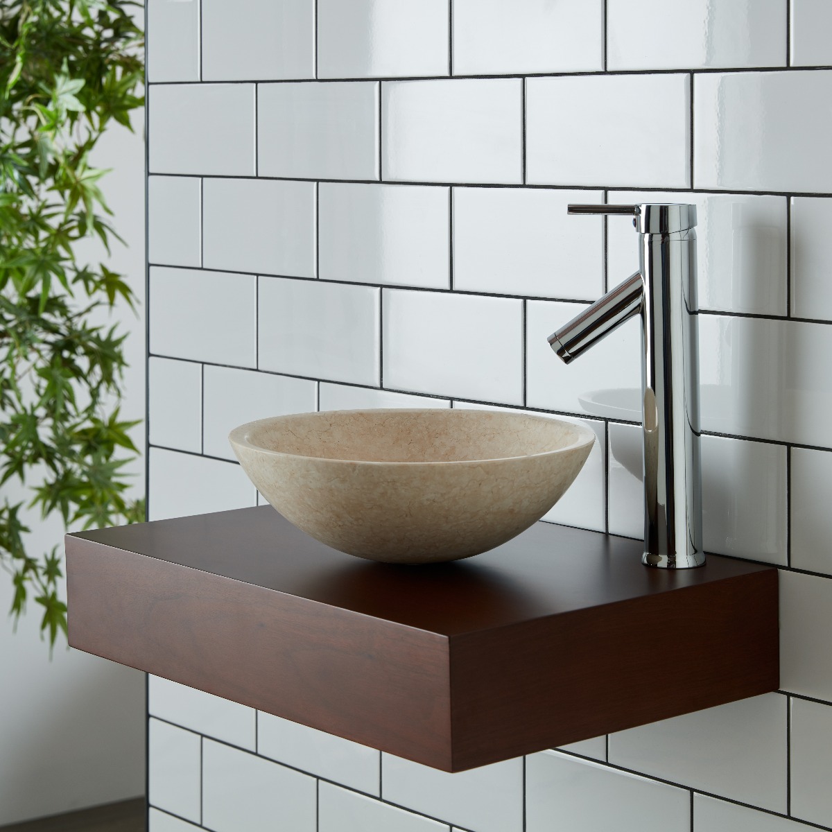 Cream Stone Basin on Cherry Red Bathroom Shelf with Black Tap, Waste and Bottletrap