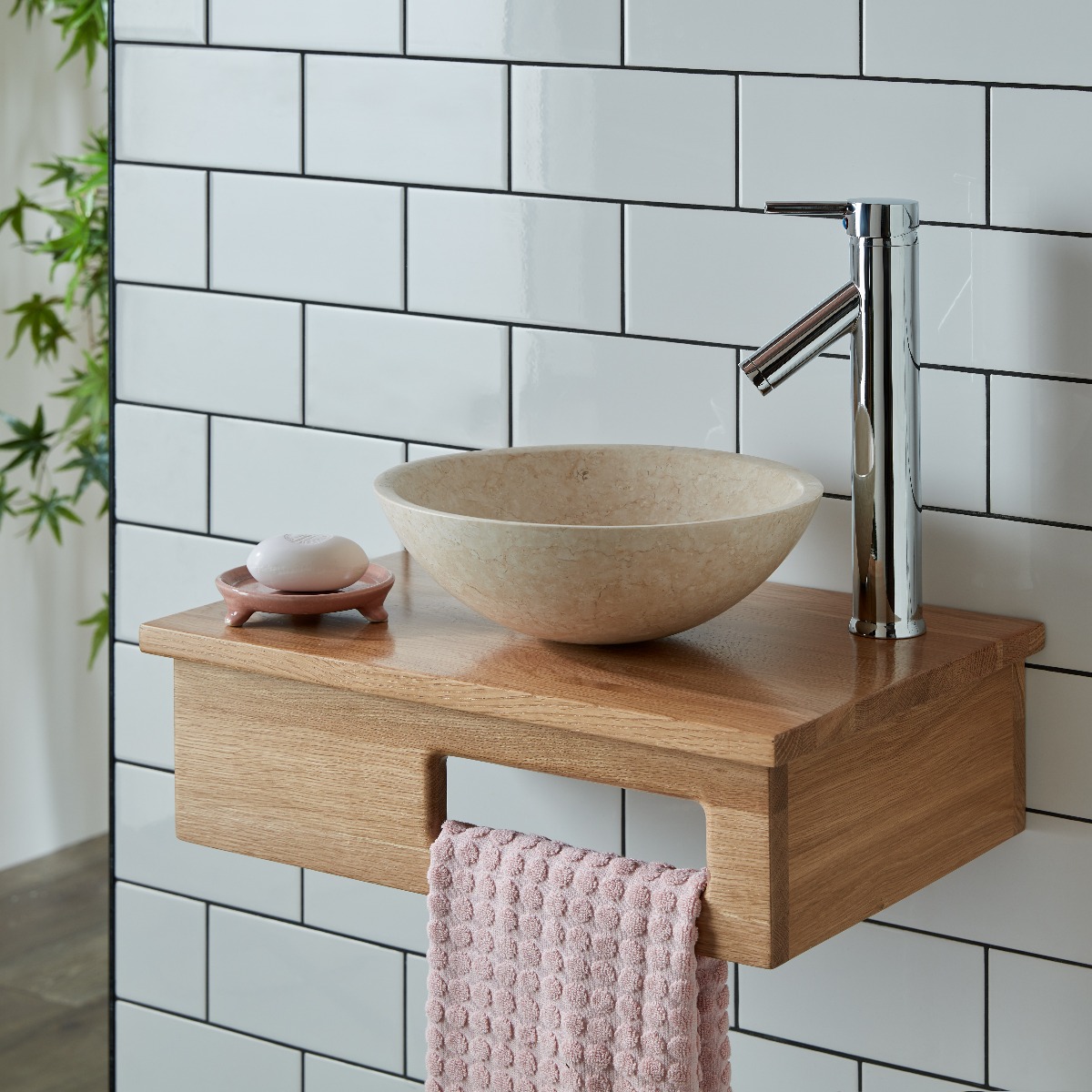 Oak Shelf with Integrated Towel Holder plus 31cm Round Cream Stone Basin incl Tap and Waste EMBE