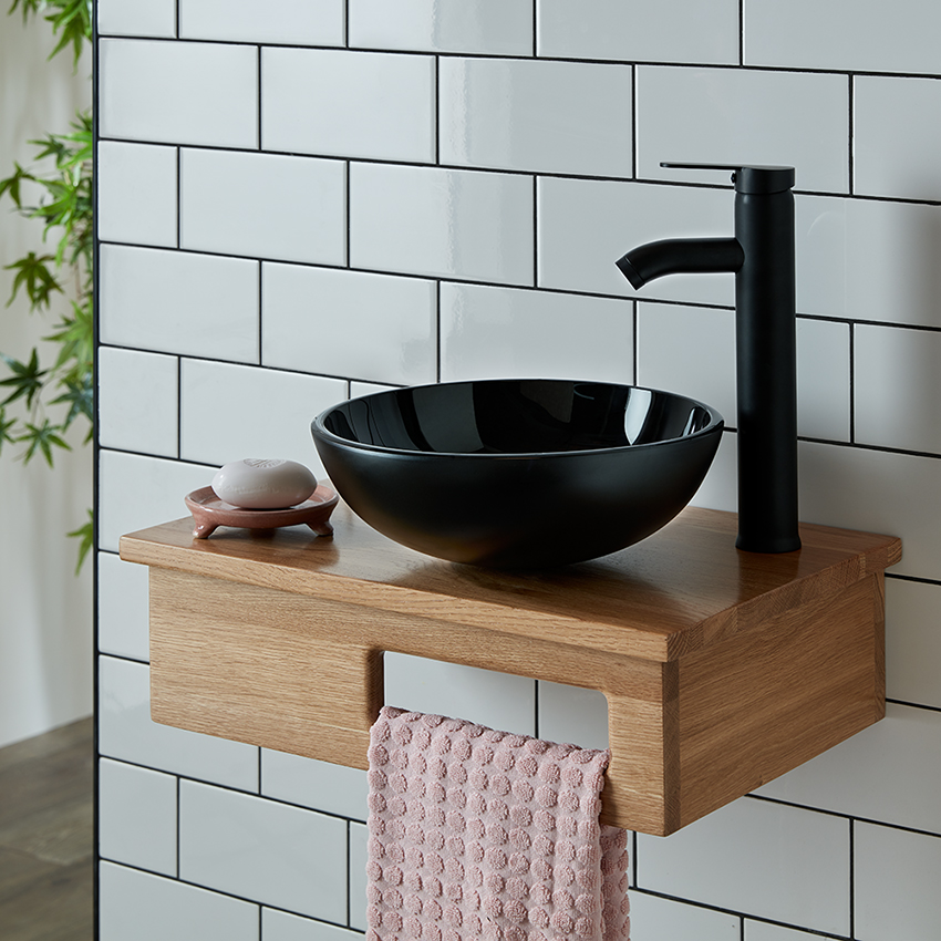Oak Shelf with Integrated Towel Holder plus 31cm Round Black Glass Basin incl Tap and Waste EMBE
