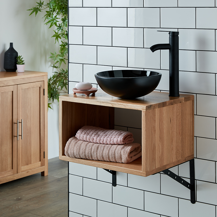 Large Oak Box Shelf Set with 42cm Round Black Glass Basin incl Black Tap Waste and Bottletrap KIRA