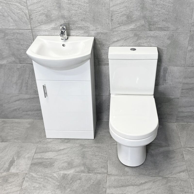 450mm Modern Cloakroom Package Vanity Basin Sink Unit + Toilet Set Ensuite, With Tap - White