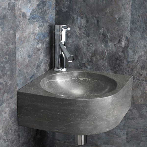 Corner Black Limestone Cloakroom Basin in Natural Stone 300mm Modici
