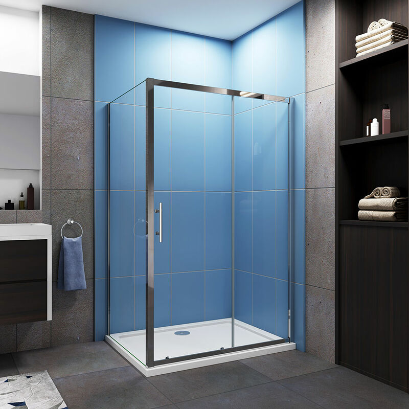 1100 x 760 mm Sliding Shower Enclosure Reversible Cubicle Door Screen Panel with Shower Tray and Waste + Side Panel - Acezanble