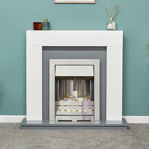 Adam Dakota Pure White & Grey Suite with Helios Brushed Steel Electric Fire - 23326