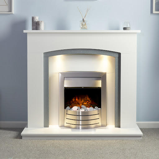 Adam Savanna Pure White & Grey Suite with Comet Brushed Steel Electric Fire - 22628
