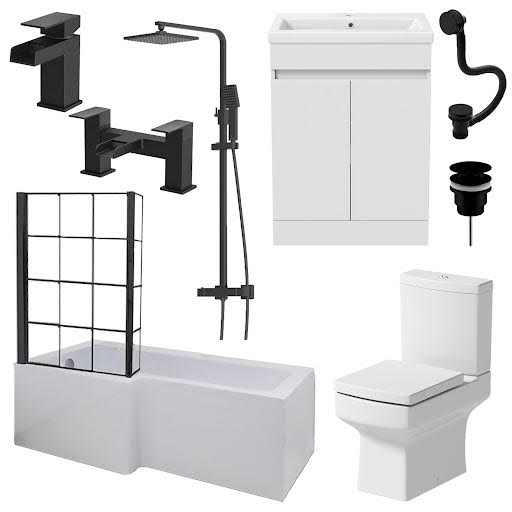 Affine Royan Black Bathroom Suite with L Shape Shower Bath 1700 & Artis Vanity Unit Left Hand