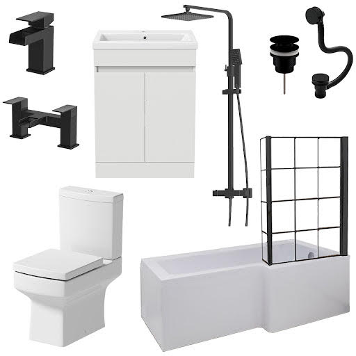 Affine Royan Black Bathroom Suite with L Shape Shower Bath 1700 & Artis Vanity Unit Right Hand