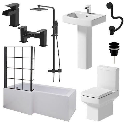 Affine Royan Black Bathroom Suite with L Shape Shower Bath 1700 & Full Pedestal Basin Left Hand