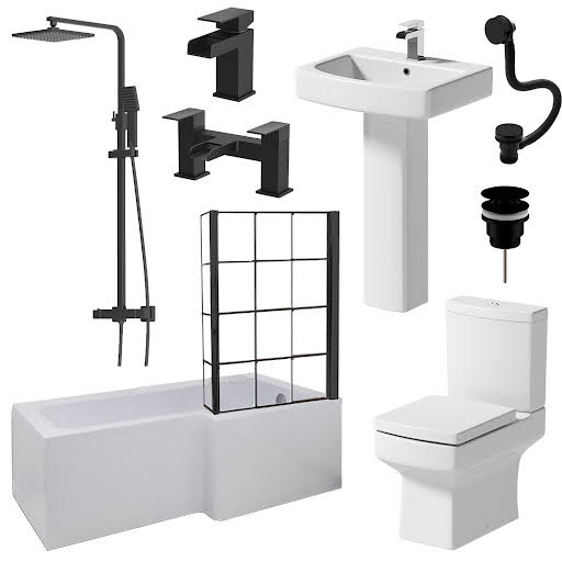 Affine Royan Black Bathroom Suite with L Shape Shower Bath 1700 & Full Pedestal Basin Right Hand