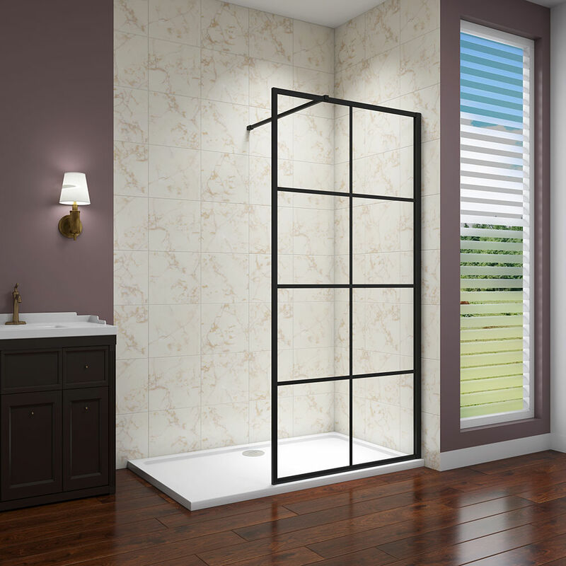 Aica 1000x1850mm Black Walk In Wet room Shower Enclosure 8mm Nano Glass Screen with 1500x800mm shower tray