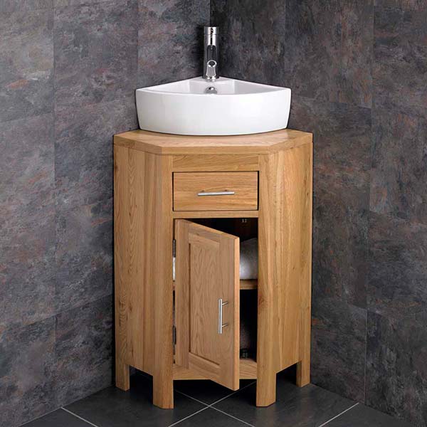 Medium Corner Oak Vanity Unit with Ceramic Corner Basin plus Tap and Waste Alta