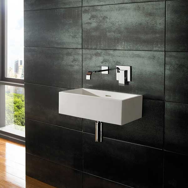 Narrow Wall Hung Rectangle Bathroom Basin in White Stone Resin 450mm x 250mm Alto