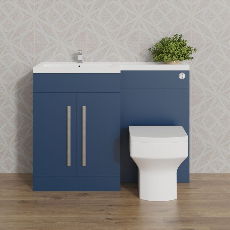 1100mm Basin Vanity Cabinet Bathroom Furniture Storage, l Shape Matte Blue Painting Vanity Sink Unit Left Hand with Square Toilet & Concealed Cistern