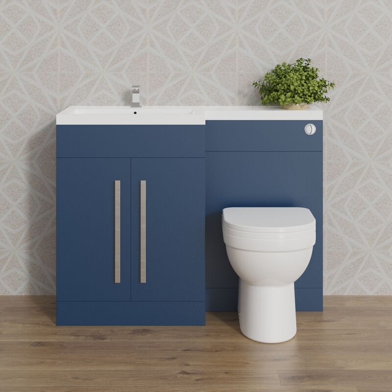 1100mm Basin Vanity Cabinet Bathroom Furniture Storage, l Shape Matte Blue Painting Vanity Sink Unit Left Hand with d Shaped Toilet & Concealed
