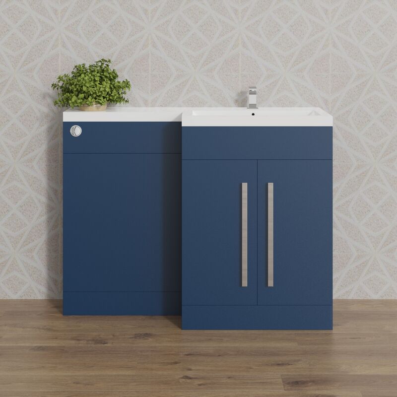 1100mm Basin Vanity Cabinet Bathroom Furniture Storage, l Shape Matte Blue Painting Vanity Sink Unit Right Hand - Aquariss