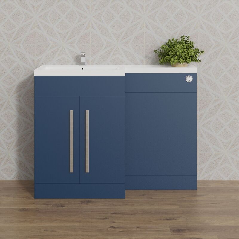 1100mm Basin Vanity Cabinet Bathroom Furniture Storage, l Shape Matte Blue Painting Vanity Sink Unit Left Hand + Concealed Cistern - Aquariss