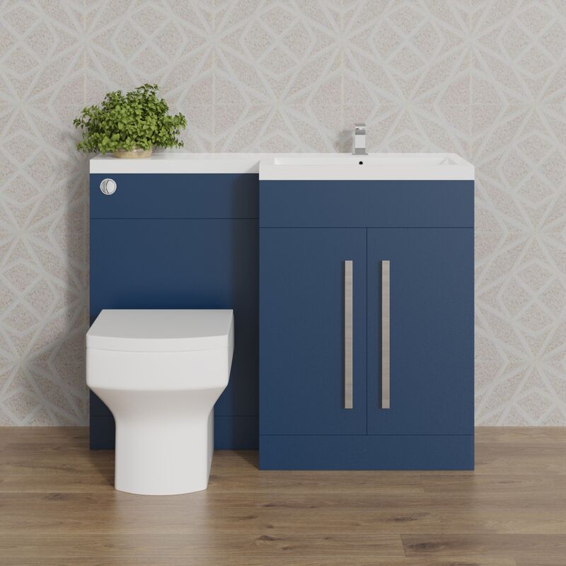 1100mm Flat Packed Basin Vanity Cabinet Bathroom Furniture Storage, l Shape Matte Blue Painting Vanity Sink Unit Right Hand + Concealed Cistern +