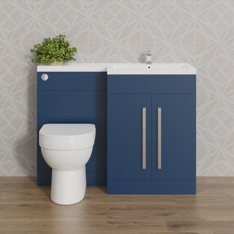 1100mm Flat Packed Basin Vanity Cabinet Bathroom Furniture Storage, l Shape Matte Blue Painting Vanity Sink Unit Right Hand + Concealed Cistern + d