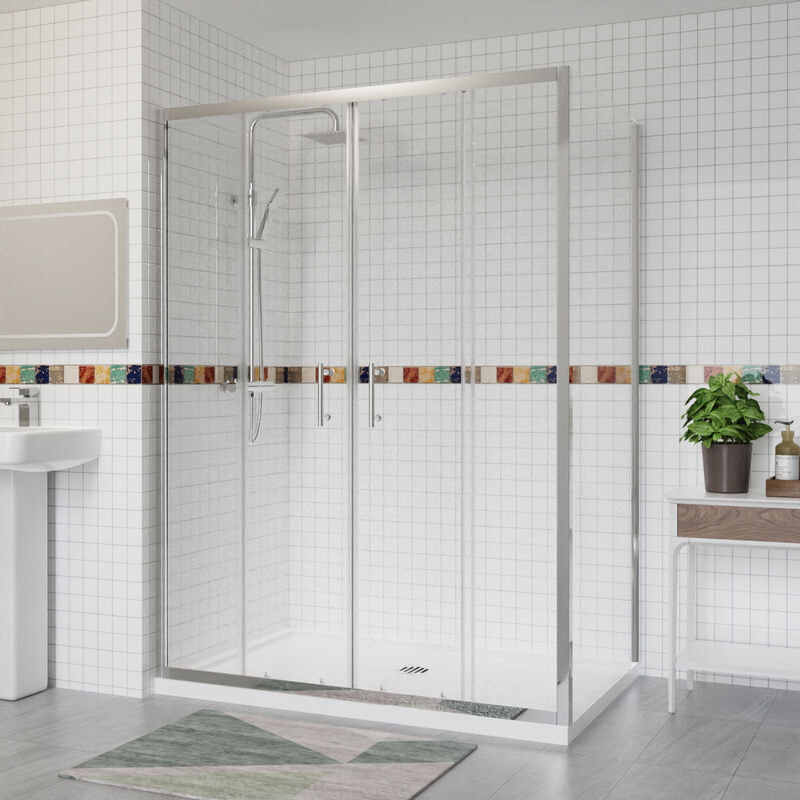 Sliding Shower Enclosure 6mm Easy Clean Glass Bathroom Cubicle Screen Double Doors with Side Panel 1400x760mm Chrome - Aquariss