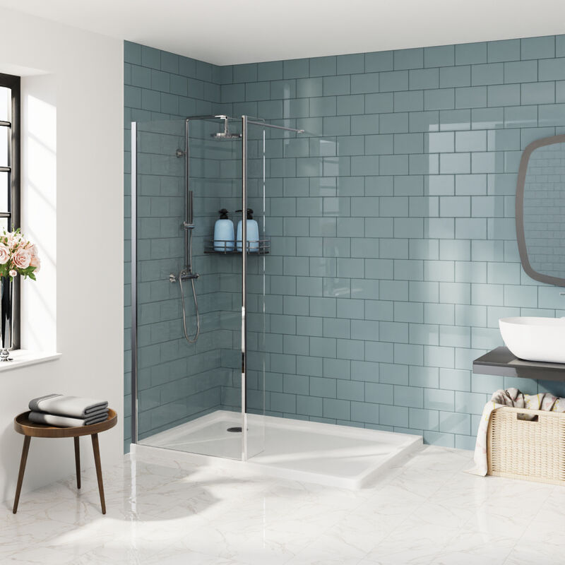Walk In Wet Room Shower Enclosure 900mm 8mm Clear Easy Clean Glass Screen Panel with 300mm Return Panel Chrome - Aquariss