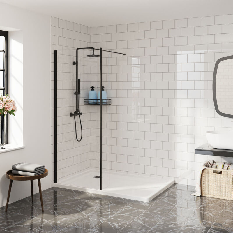 Walk In Wet Room Shower Enclosure 800mm 8mm Clear Easy Clean Glass Screen Panel with 215mm Return Panel Black - Aquariss
