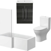 Arles Bathroom Suite with L Shape Bath, Screen & Artis Charcoal Grey Vanity Unit Left Hand 1700mm