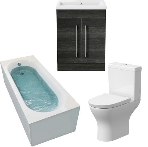 Arles Bathroom Suite with Single Ended Curved Bath & Artis Charcoal Grey Vanity Unit -700mm