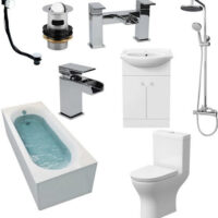 Arles Bathroom Suite with Single End Bath, Taps, Shower, Screen & Essentials Vanity Unit - 1700mm