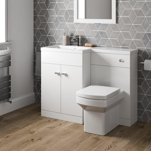 Artis Breeze White Gloss Toilet & Basin Vanity Unit Combination with Doors 1100mm - Left Hand