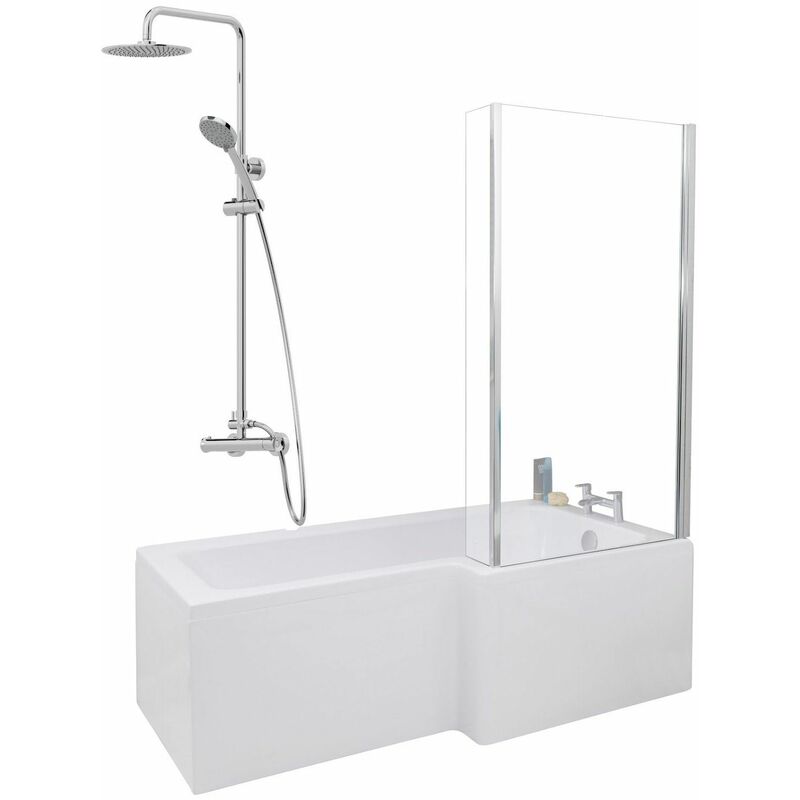 1700mm Bathroom l Shaped Bath Mixer Shower Screen rh White Front Panel - White