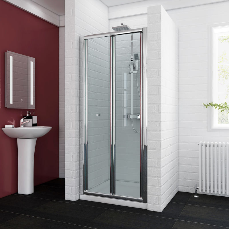 Elegant - Bifold Shower Enclosure Reversible Folding Glass Shower Cubicle Door with Shower Tray Set, 900x800mm