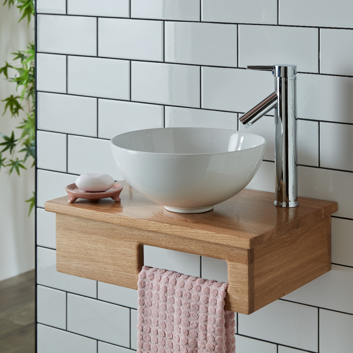 Oak Shelf with Integrated Towel Holder plus 32cm Round Basin incl Tap and Waste EMBE
