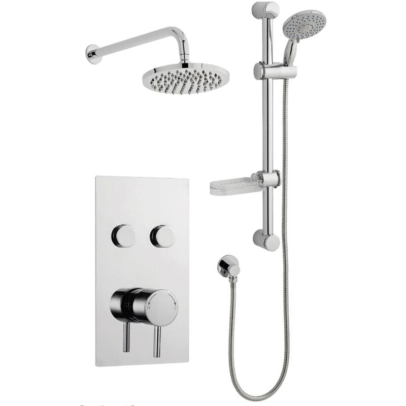 Chrome Twin Round Push Button Concealed Thermostatic Mixer Shower + Slide Rail Kit & Overhead Drencher (lake) - 2 Shower Heads