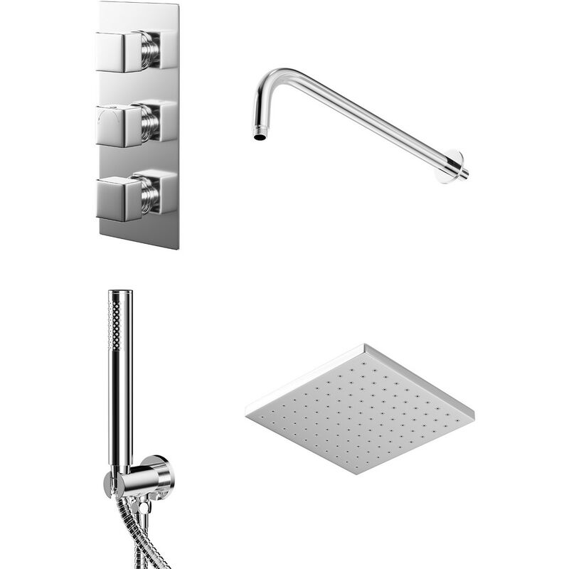Wholesale Domestic Cubix Polished Chrome Triple Thermostatic Valve Mixer Shower with Square Fixed Head and Round Handset Outlet Holder - 2 Outlet