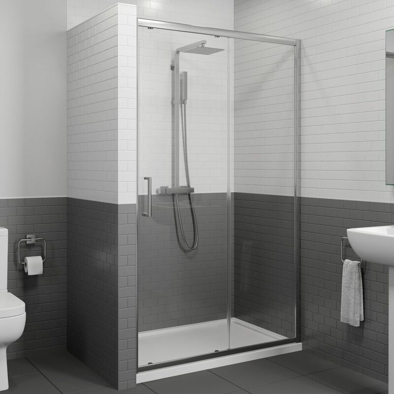 1100 x 800mm Sliding Shower Door Enclosure 8mm Glass Panel Framed Tray & Waste - Clear