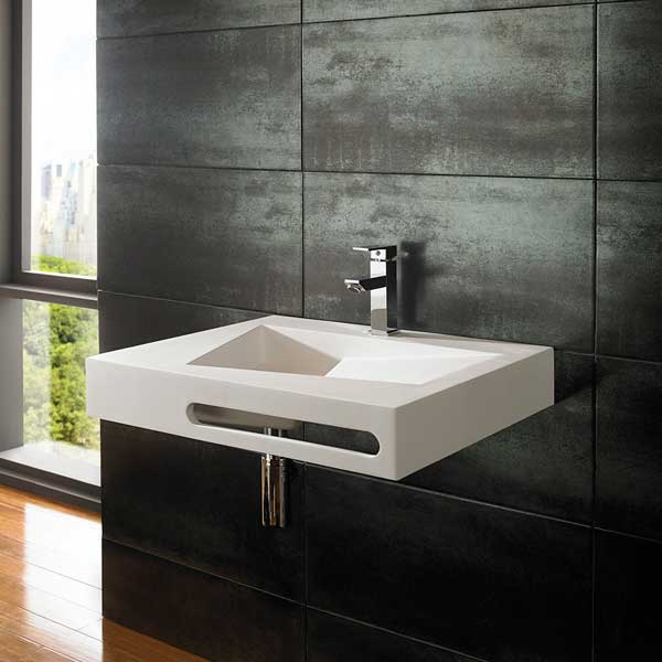 Rectangular Wall Hung Bathroom Basin in White Stone Resin 600mm x 500mm Sink Dune