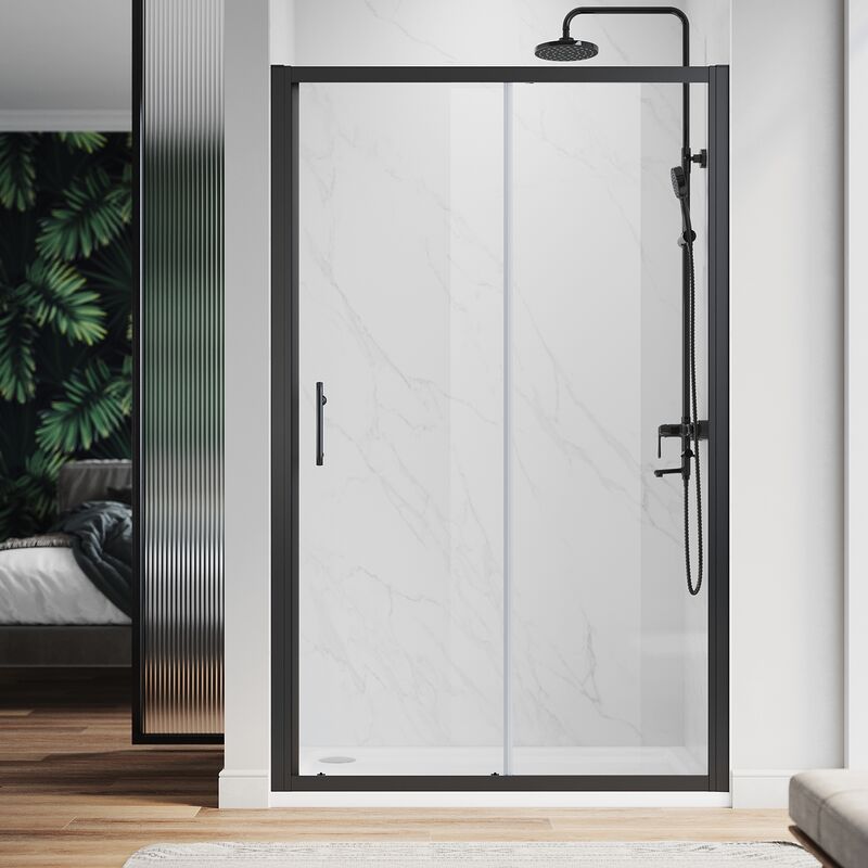 ELEGANT 1000 x 700 mm Sliding Shower Enclosure Black Frame 6mm Glass Reversible Cubicle Shower Door Screen Panel with Shower Tray and Waste