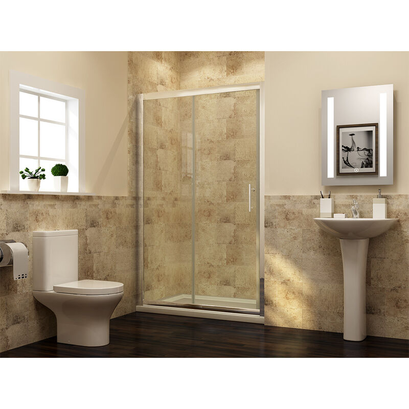 1000mm Bathroom Sliding Door Shower Enclosure 6mm Safety Tempered Glass Screen with Shower Base Tray 1000x760mm + Panel Riser Pack + Waste Trap