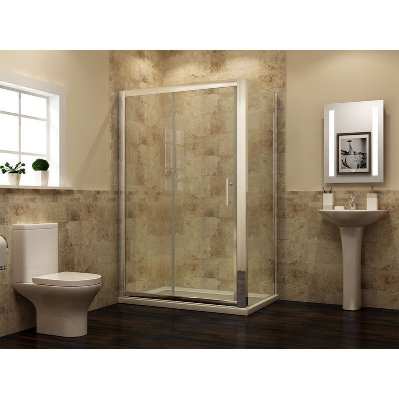 1000mm Bathroom Sliding Door Shower Enclosure 760mm Side Glass Panel 6mm Safety Tempered Glass Screen with Shower Base Tray 1000x760mm + Panel Riser