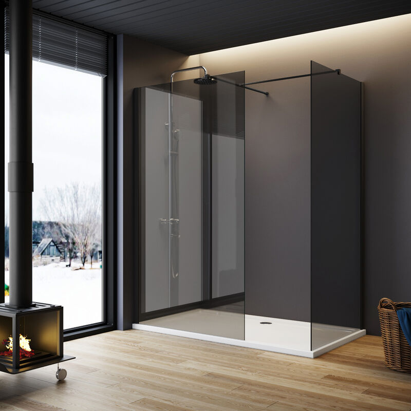 1000mm Frameless Walk in Wet Room 760mm Side Screen Panel 8mm Grey Walk in Shower Door with Shower Tray 1600x760mm and Free Waste Trap - Elegant