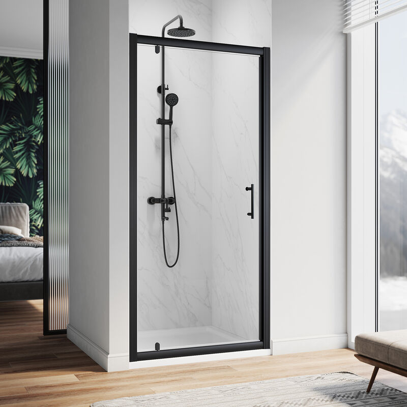 1000mm Pivot Hinge Shower Door 6mm Safety Glass Shower Enclosure Cubicle Matte Black Frame with 1000 x 760mm Shower Tray, Riser Kit - Elegant