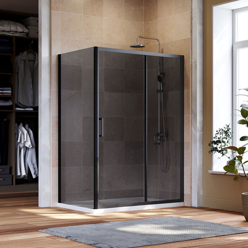 1000mm Shower Enclosure Black Sliding Door 700mm Side Screen Panel 8mm Nano Coated Glass Cabin with Anti-Slip Shower Base Tray 1000x700mm and Waste